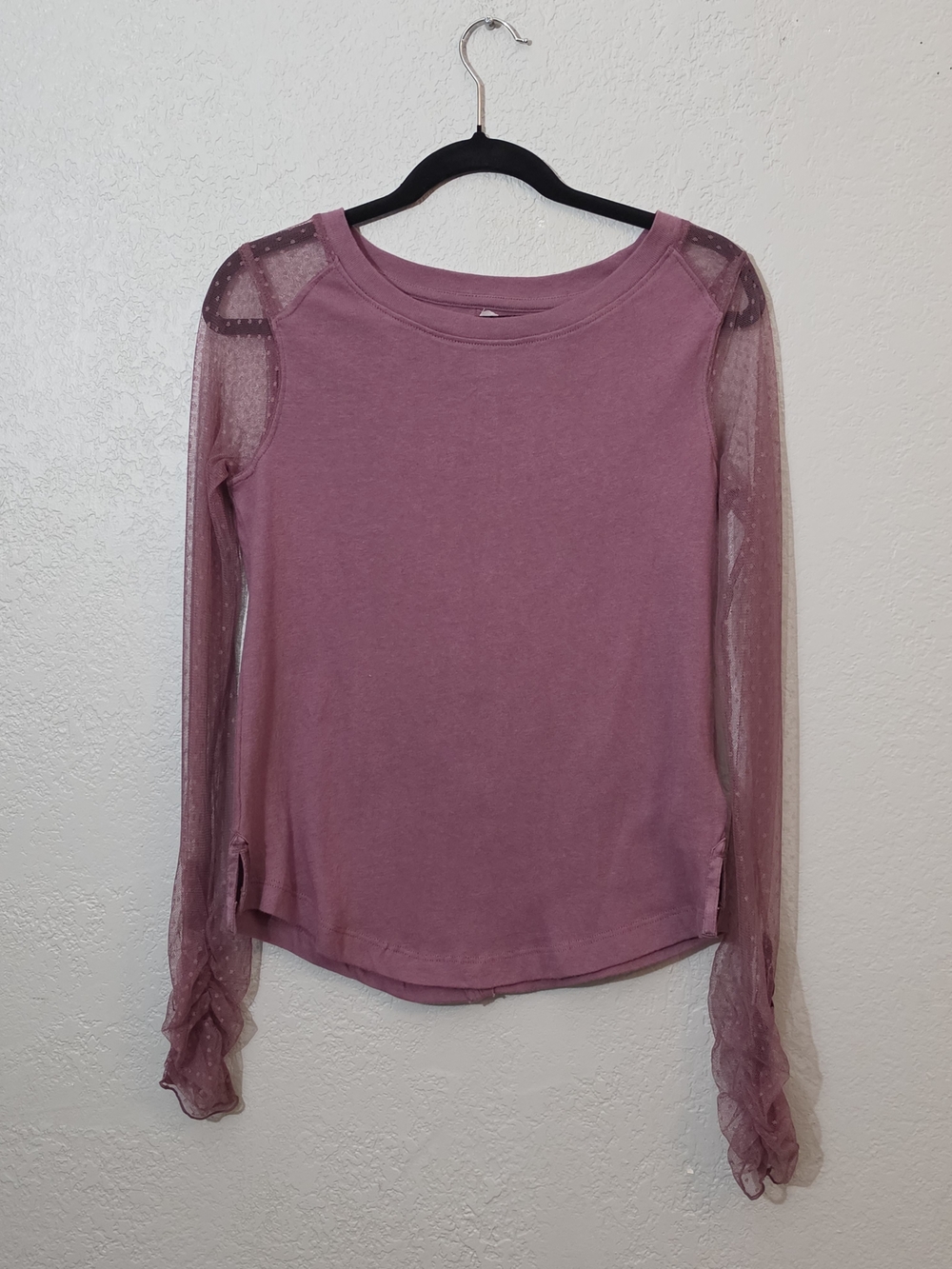 We The Free Backstage Long Sleeve Top Sheer Mesh Polka Dot Purple Womens Small